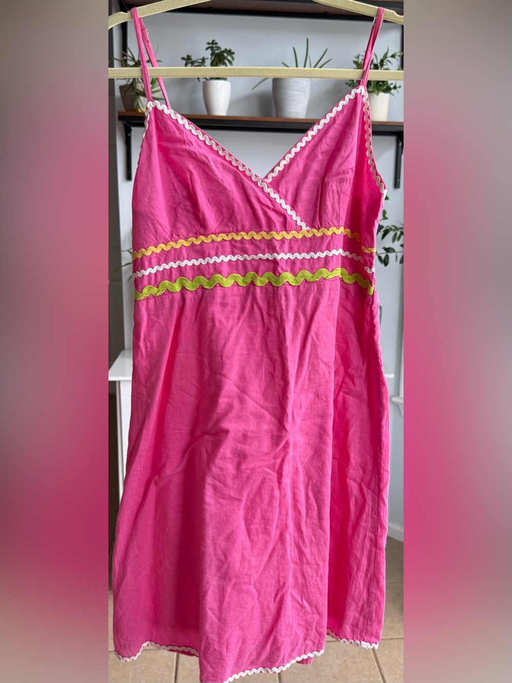 Bright Pink Sleeveless Wrap-Style Dress with Trim